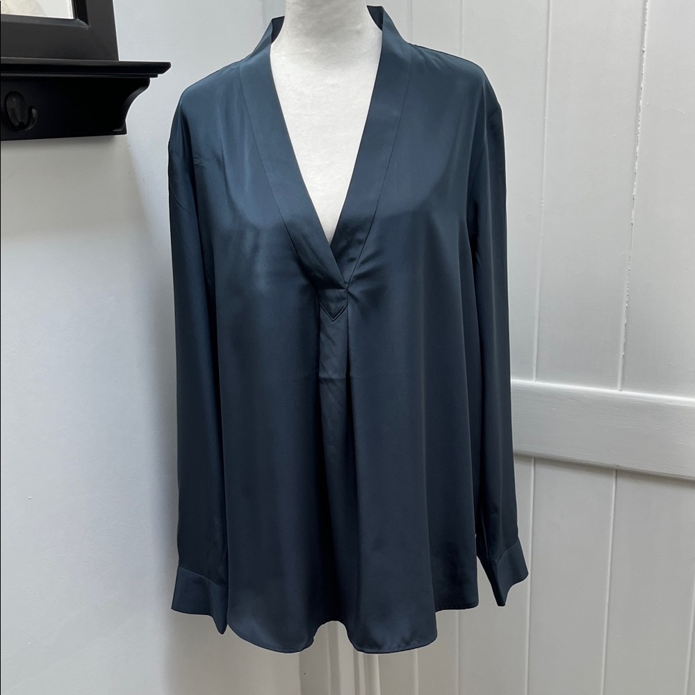 NWOT R Label  Deep V Satin Blouse - Slate Blue